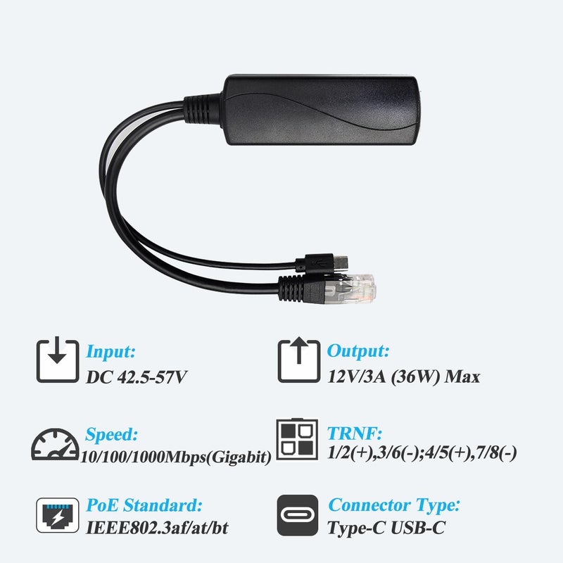 REVODATA Type-C PoE Splitter Gigabit 36W 12V/3A, PoE to USB-C 12V/3A Output, Gigabit Ethernet Comply IEEE802.3bt, Plug and Play(TYPEC5712BG) - Image 3